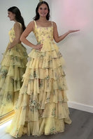 Load image into Gallery viewer, Pink A Line Floral Tiered Spaghetti Straps Long Prom Dress with Slit