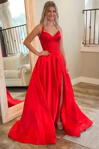 Red A Line Satin Halter Long Corset Prom Dress with Slit