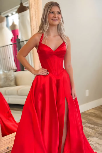 Red A Line Satin Halter Long Corset Prom Dress with Slit