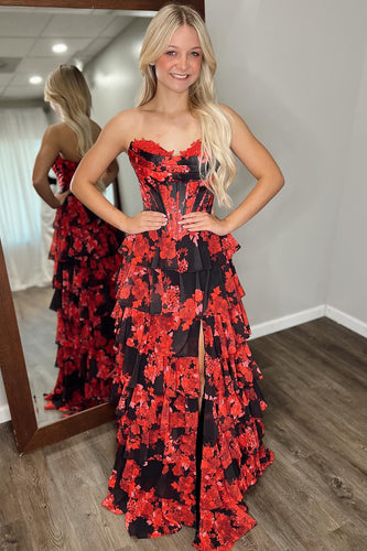 Black Red Floral A Line Tiered Strapless Long Corset Prom Dress with Slit