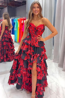 Load image into Gallery viewer, Black Red Floral A Line Tiered Strapless Long Corset Prom Dress with Slit