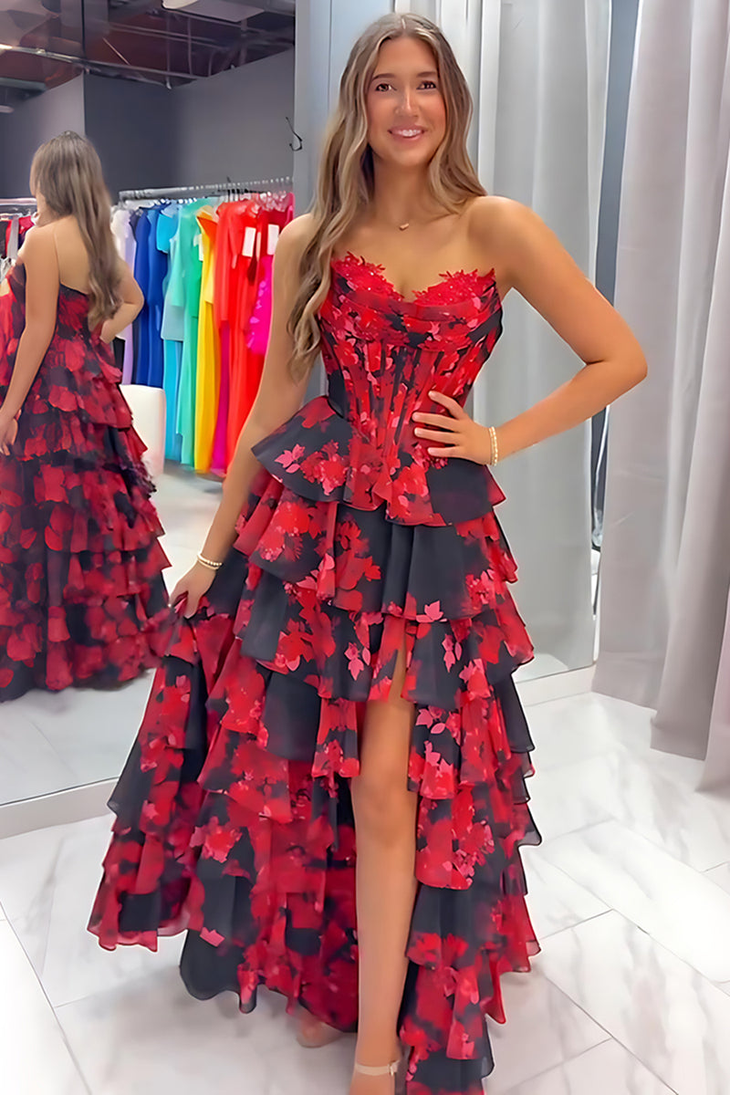 Load image into Gallery viewer, Black Red Floral A Line Tiered Strapless Long Corset Prom Dress with Slit
