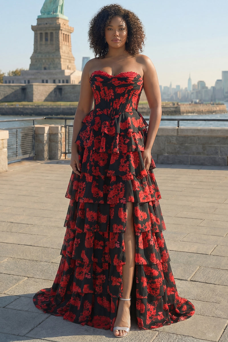 Load image into Gallery viewer, Black and Red Floral Plus Size Strapless Corset Ruffled Maxi Prom Dress with Slit