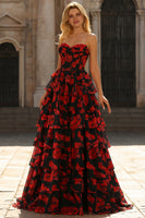 Load image into Gallery viewer, Black and Red Floral Plus Size Strapless Corset Ruffled Maxi Prom Dress with Slit