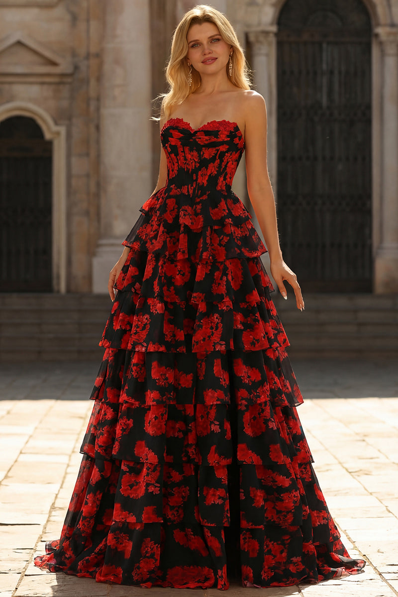 Load image into Gallery viewer, Black and Red Floral Plus Size Strapless Corset Ruffled Maxi Prom Dress with Slit