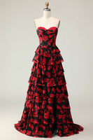 Load image into Gallery viewer, Black and Red Floral Ruffled Strapless Corset Maxi Prom Dress with Slit