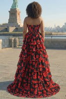 Load image into Gallery viewer, Black and Red Floral Plus Size Strapless Corset Ruffled Maxi Prom Dress with Slit