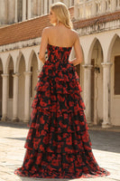 Load image into Gallery viewer, Black and Red Floral Plus Size Strapless Corset Ruffled Maxi Prom Dress with Slit
