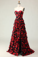 Load image into Gallery viewer, Black and Red Floral Ruffled Strapless Corset Maxi Prom Dress with Slit