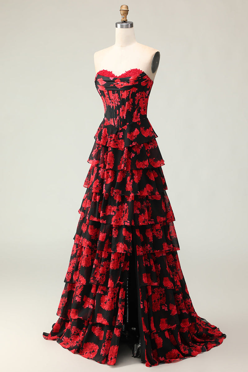 Load image into Gallery viewer, Black and Red Floral Ruffled Strapless Corset Maxi Prom Dress with Slit
