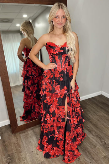 Black Red Floral A Line Tiered Strapless Long Corset Prom Dress with Slit