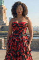 Load image into Gallery viewer, Black and Red Floral Plus Size Strapless Corset Ruffled Maxi Prom Dress with Slit