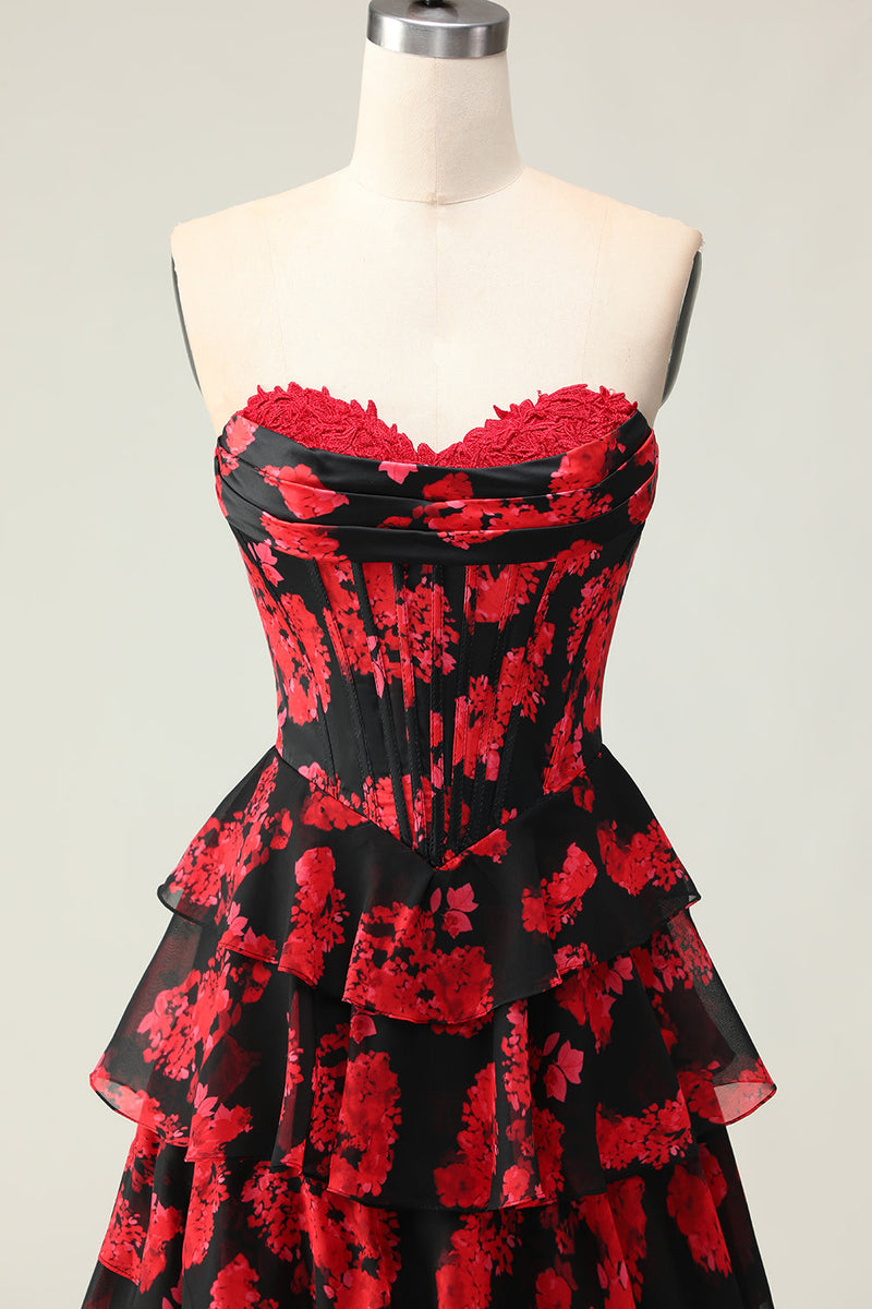Load image into Gallery viewer, Black and Red Floral Ruffled Strapless Corset Maxi Prom Dress with Slit