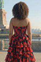 Load image into Gallery viewer, Black and Red Floral Plus Size Strapless Corset Ruffled Maxi Prom Dress with Slit