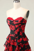 Load image into Gallery viewer, Black and Red Floral Ruffled Strapless Corset Maxi Prom Dress with Slit