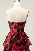 Load image into Gallery viewer, Black and Red Floral Ruffled Strapless Corset Maxi Prom Dress with Slit