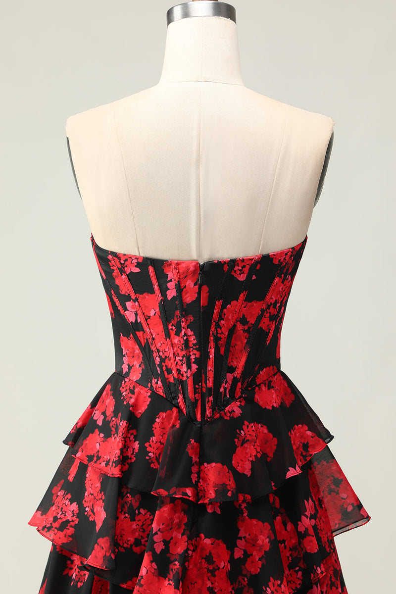 Load image into Gallery viewer, Black and Red Floral Ruffled Strapless Corset Maxi Prom Dress with Slit