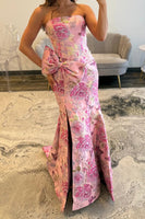 Load image into Gallery viewer, Purple Floral Mermaid Strapless Long Prom Dress with Bow