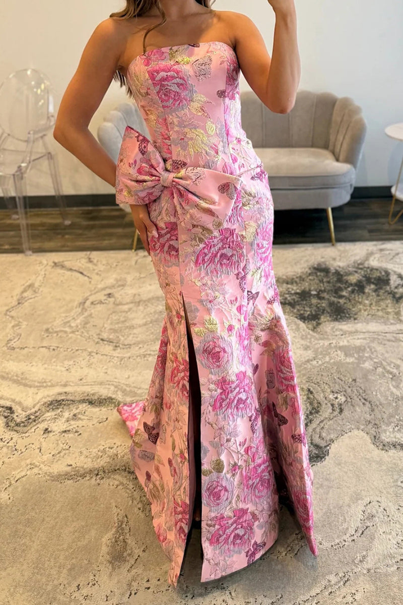 Load image into Gallery viewer, Purple Floral Mermaid Strapless Long Prom Dress with Bow