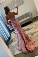 Load image into Gallery viewer, Purple Floral Mermaid Strapless Long Prom Dress with Bow