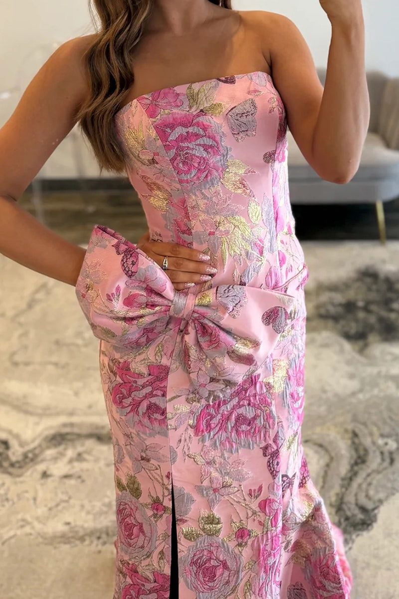 Load image into Gallery viewer, Purple Floral Mermaid Strapless Long Prom Dress with Bow