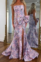 Load image into Gallery viewer, Purple Floral Mermaid Strapless Long Prom Dress with Bow