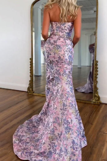 Purple Floral Mermaid Strapless Long Prom Dress with Bow