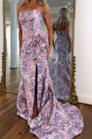 Load image into Gallery viewer, Purple Floral Mermaid Strapless Long Prom Dress with Bow