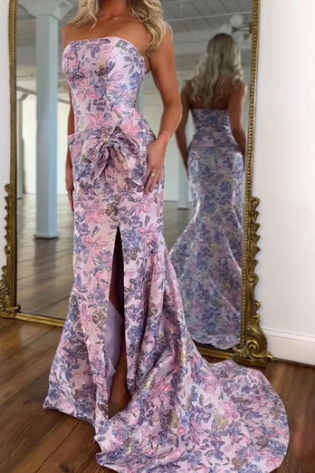 Purple Floral Mermaid Strapless Long Prom Dress with Bow