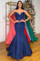 Load image into Gallery viewer, Purple Satin Mermaid Strapless Long Corset Prom Dress