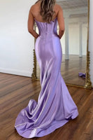 Load image into Gallery viewer, Purple Satin Mermaid Strapless Long Corset Prom Dress