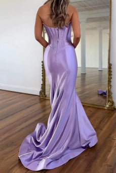 Purple Satin Mermaid Strapless Long Corset Prom Dress