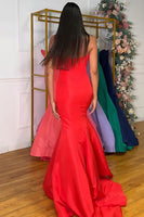 Load image into Gallery viewer, Purple Satin Mermaid Strapless Long Corset Prom Dress