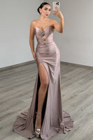 Load image into Gallery viewer, Dusty Rose Satin Cut Out Mermaid Long Prom Dress with Slit