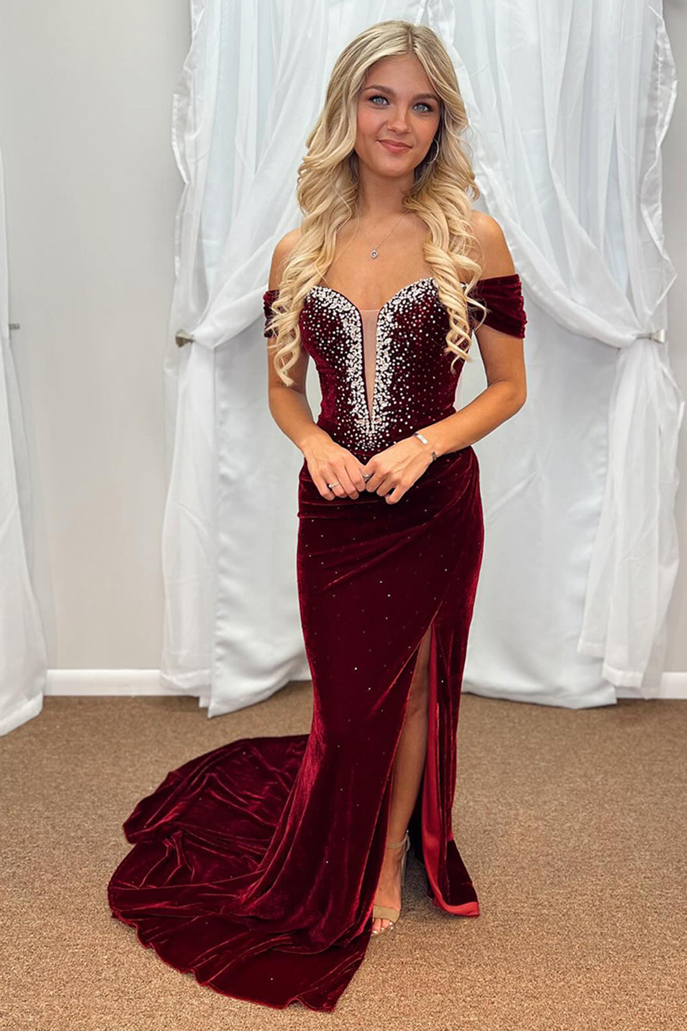 Sparkly Burgundy Mermaid Velvet Long Holiday Party Dress with Slit