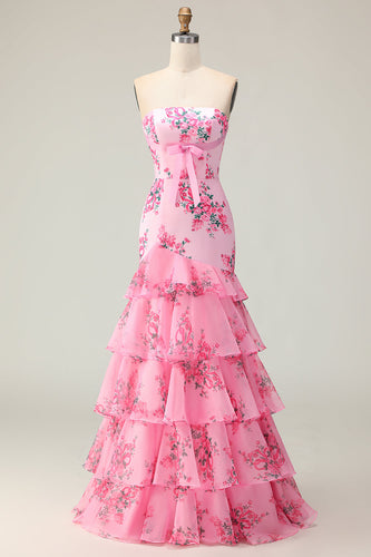 Pink Floral Ruffled Mermaid Strapless Maxi Prom Dress