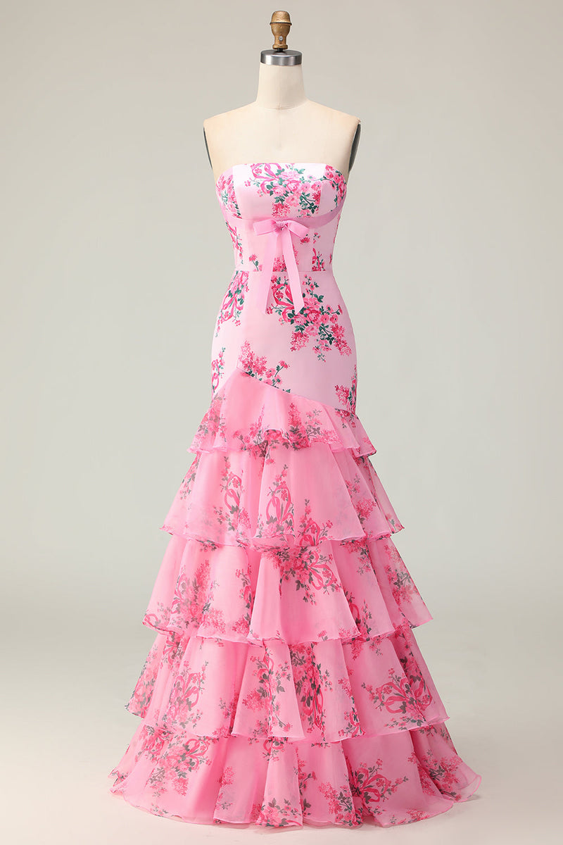 Load image into Gallery viewer, Pink Floral Ruffled Mermaid Strapless Maxi Prom Dress