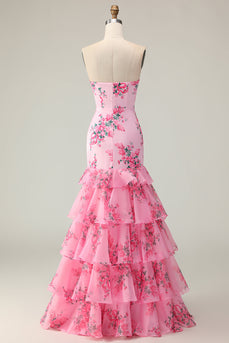 Pink Floral Ruffled Mermaid Strapless Maxi Prom Dress