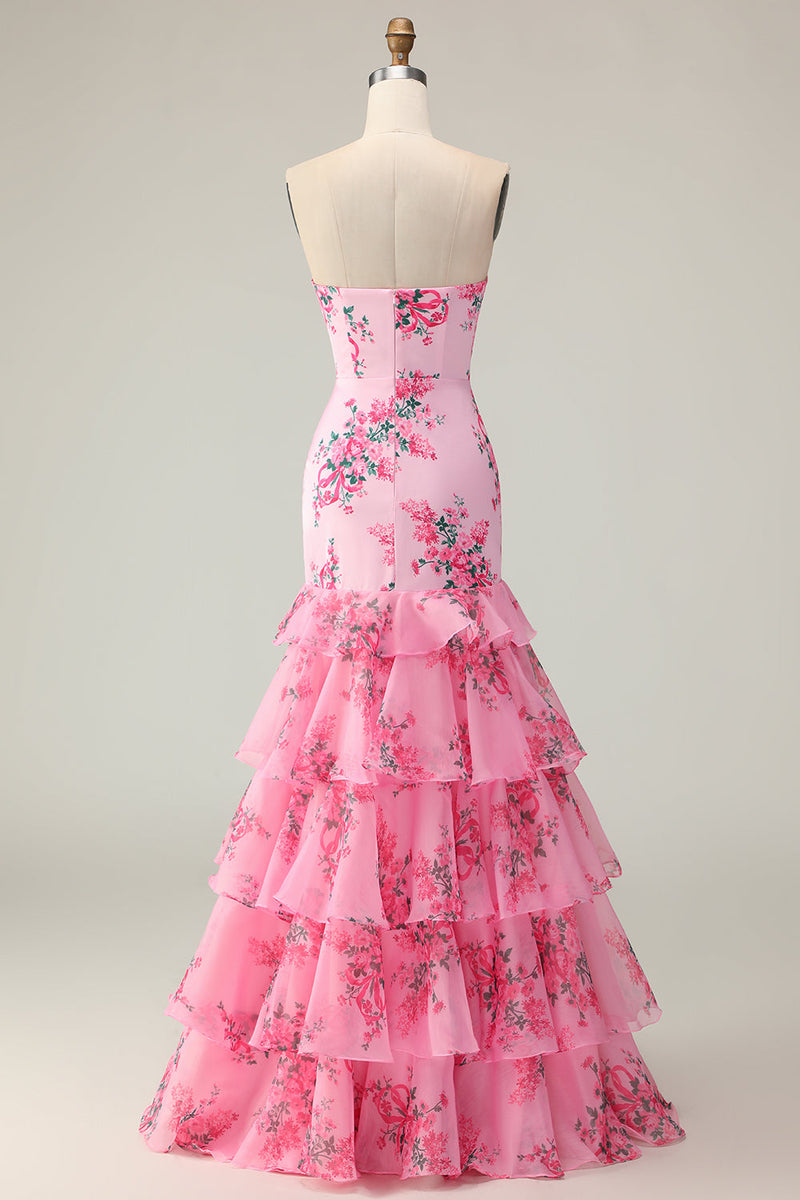 Load image into Gallery viewer, Pink Floral Ruffled Mermaid Strapless Maxi Prom Dress