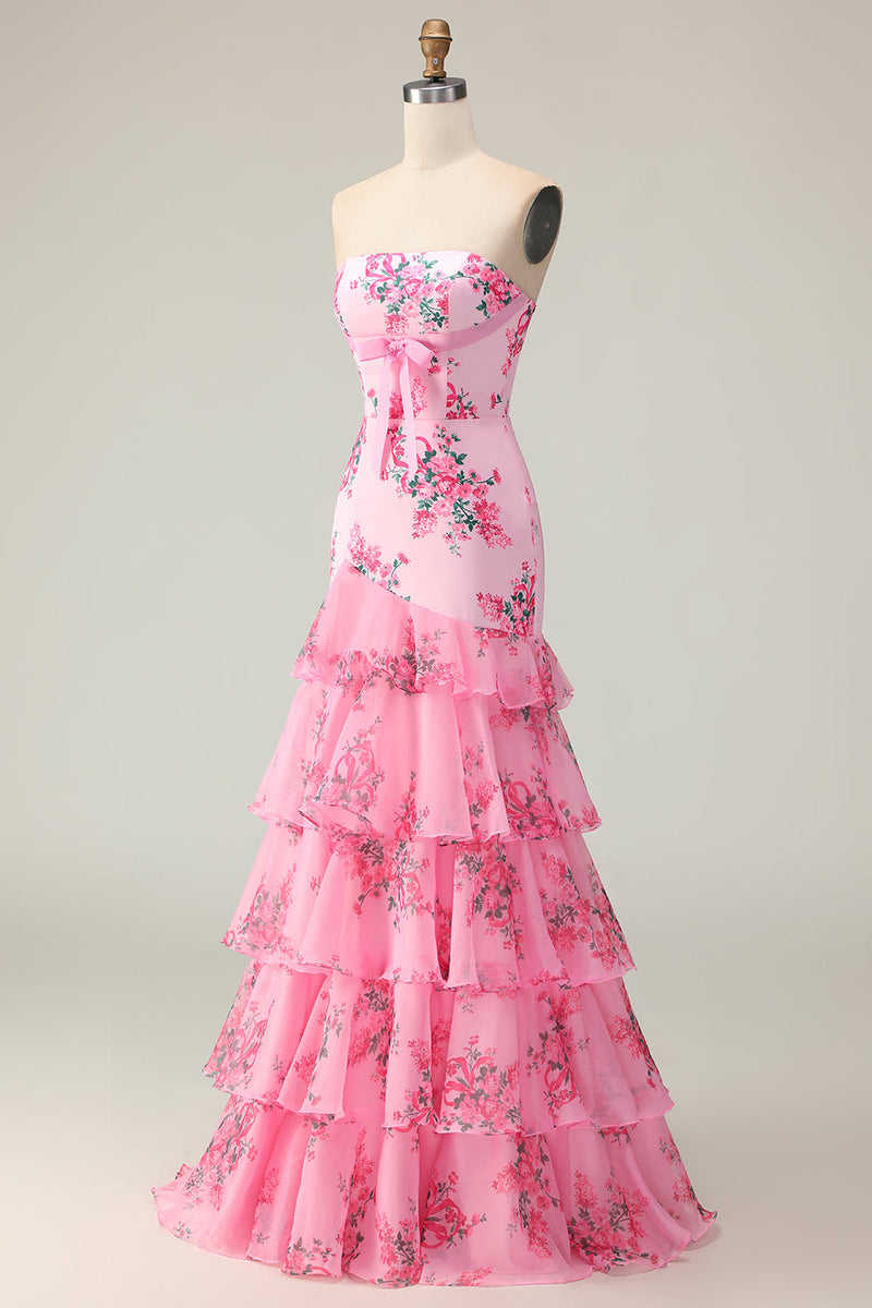 Load image into Gallery viewer, Pink Floral Ruffled Mermaid Strapless Maxi Prom Dress