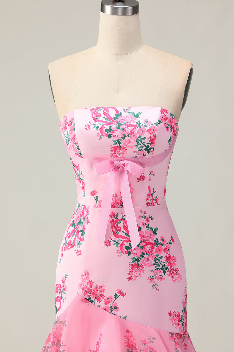 Load image into Gallery viewer, Pink Floral Ruffled Mermaid Strapless Maxi Prom Dress