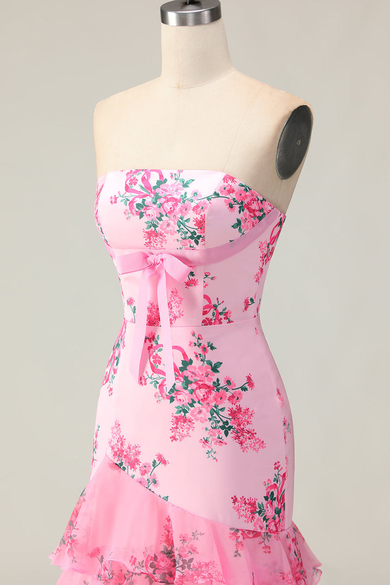 Load image into Gallery viewer, Pink Floral Ruffled Mermaid Strapless Maxi Prom Dress