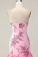 Load image into Gallery viewer, Pink Floral Ruffled Mermaid Strapless Maxi Prom Dress