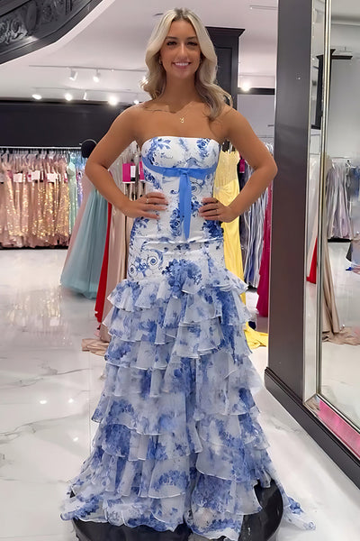 Floral White Blue Tiered Strapless Mermaid Long Prom Dress with Ruffles