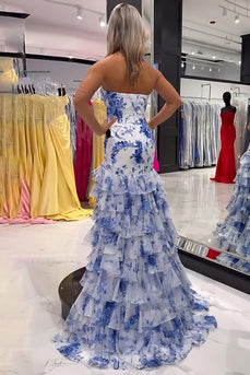 Floral White Blue Tiered Strapless Mermaid Long Prom Dress with Ruffles