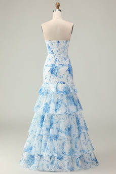 Blue and White Ruffled Floral Strapless Mermaid Long Prom Dress