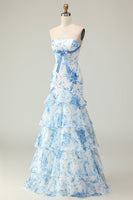 Load image into Gallery viewer, Blue and White Ruffled Floral Strapless Mermaid Long Prom Dress