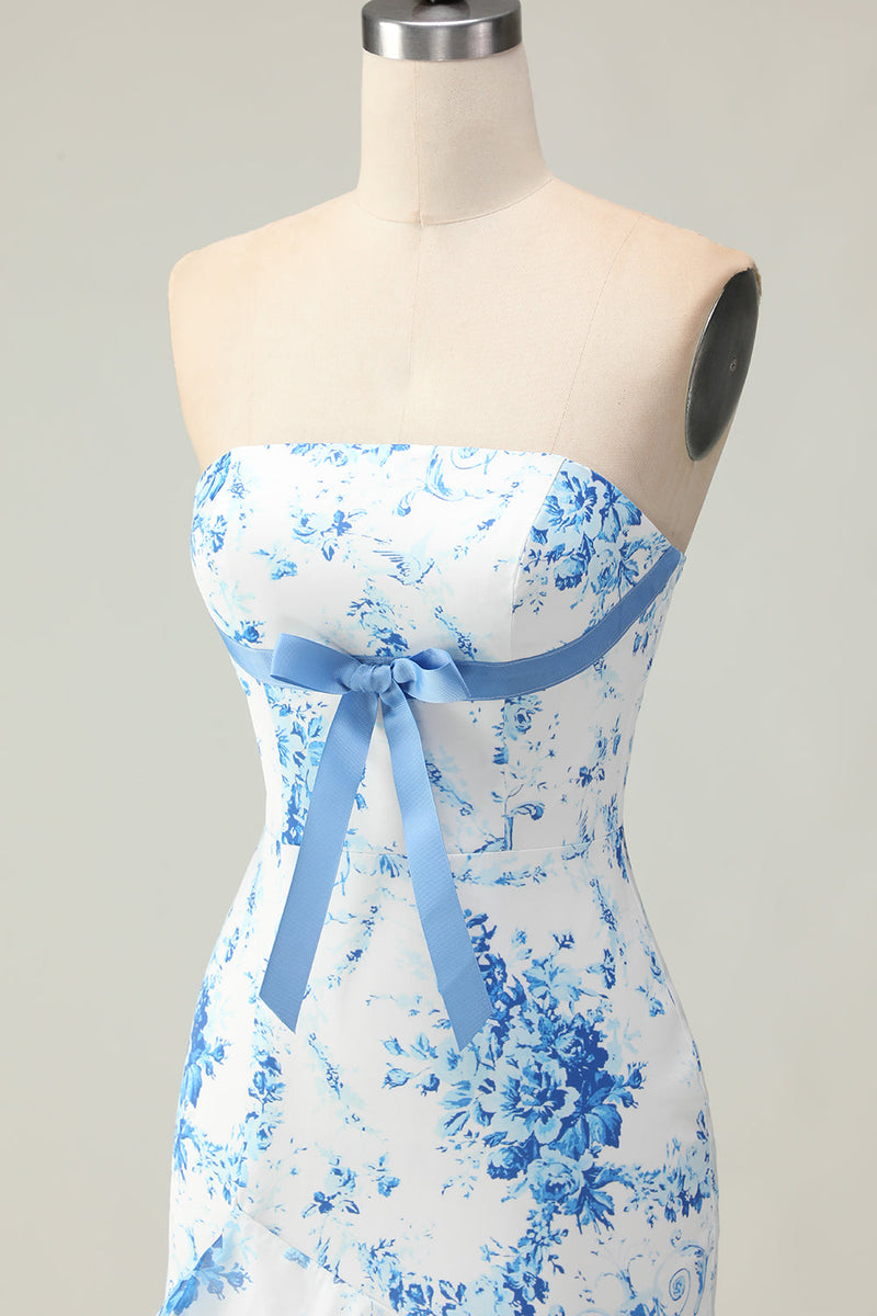 Load image into Gallery viewer, Blue and White Ruffled Floral Strapless Mermaid Long Prom Dress