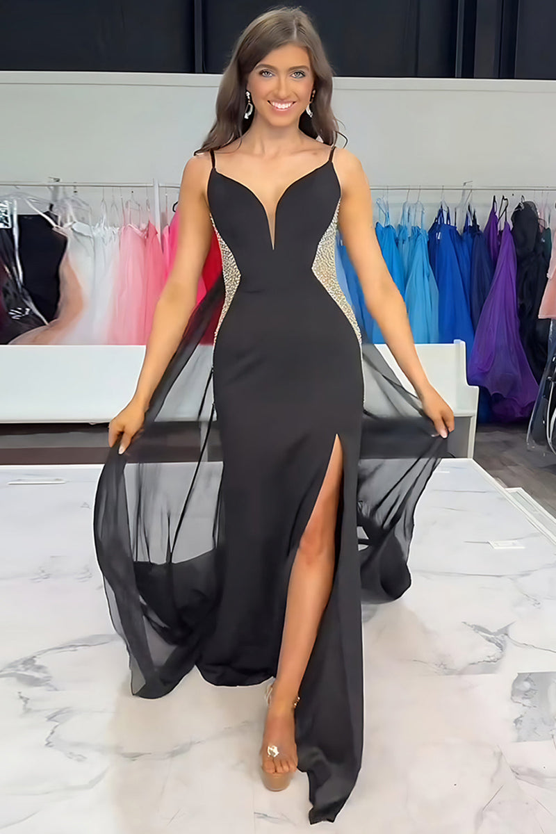 Load image into Gallery viewer, Sparkly Black Mermaid Spaghetti Straps Satin Long Prom Dress with Slit