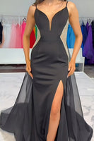 Load image into Gallery viewer, Sparkly Black Mermaid Spaghetti Straps Satin Long Prom Dress with Slit
